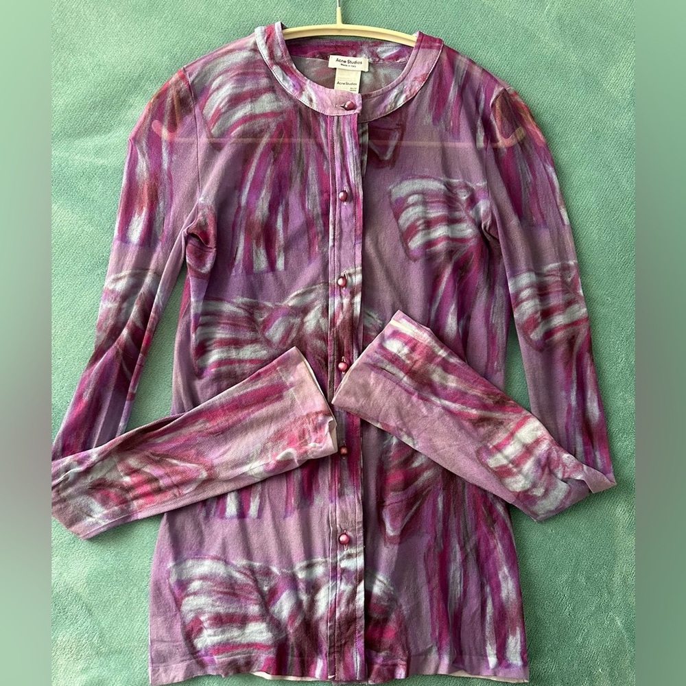 Acne Sheer Lilac and Pink Printed Button-Up Top - Picture 4 of 7